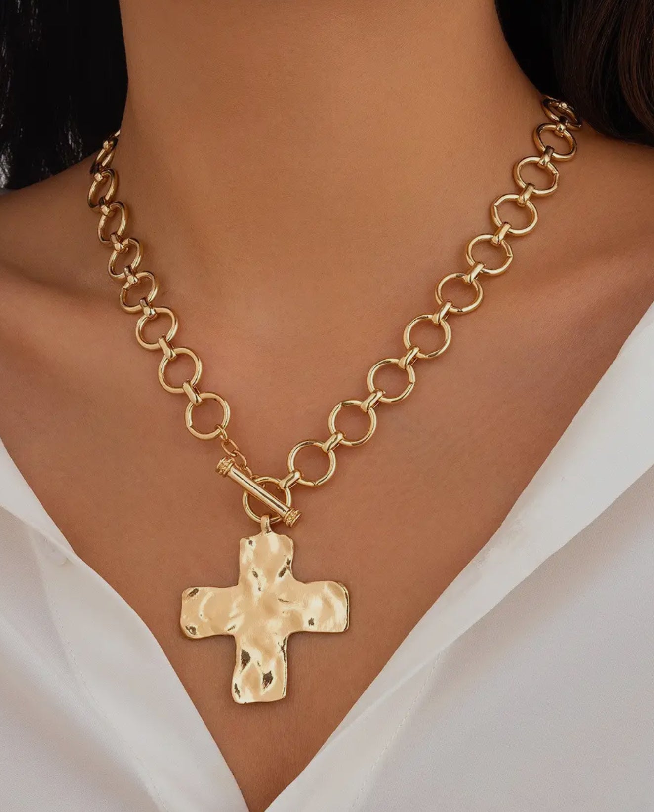 Hammered Cross Toggle Necklace