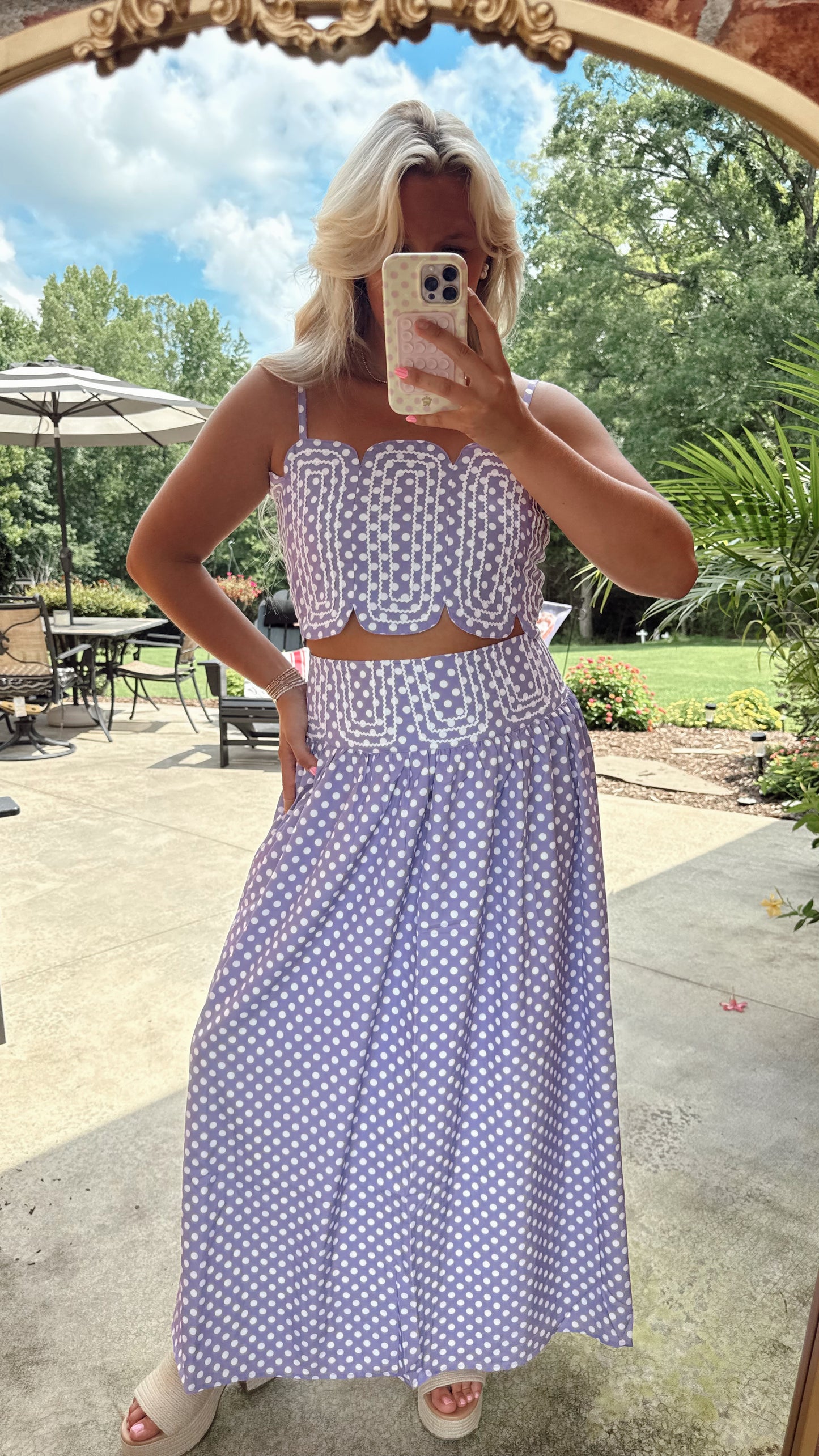 LAVENDER LANE EMBROIDERED TOP & MIDI SKIRT - LAVENDER/WHITE POLKA DOT