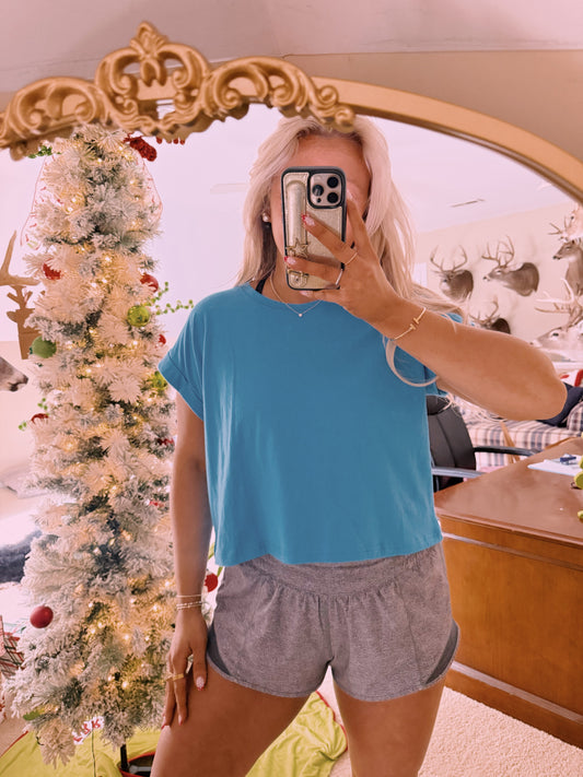 Cuff Cropped Tee - Turquoise