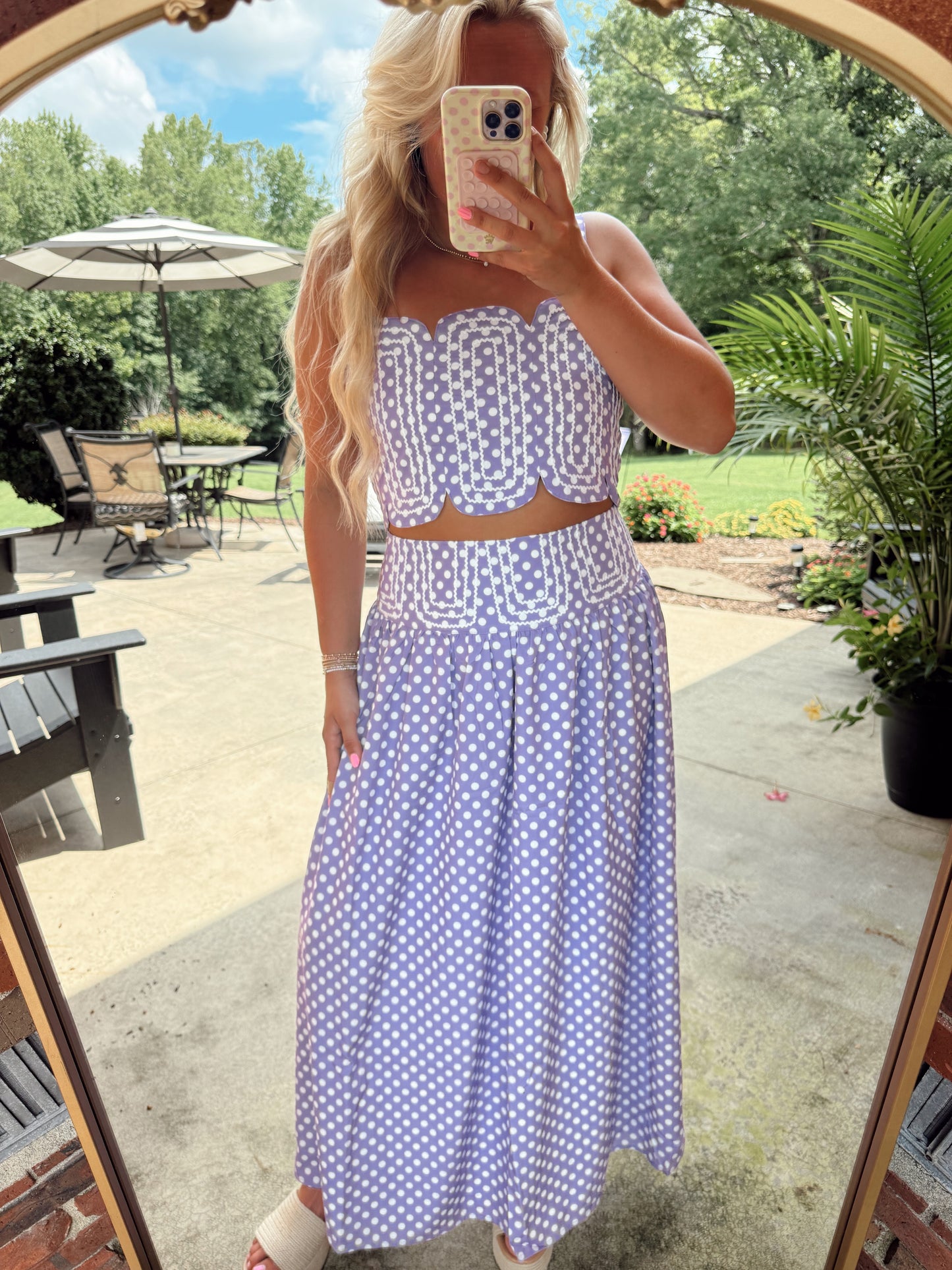 LAVENDER LANE EMBROIDERED TOP & MIDI SKIRT - LAVENDER/WHITE POLKA DOT