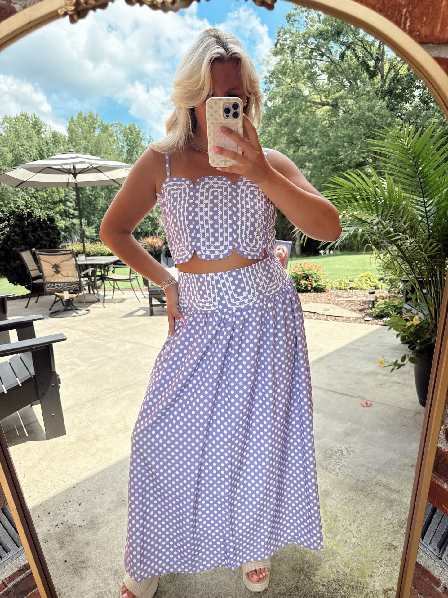 LAVENDER LANE EMBROIDERED TOP & MIDI SKIRT - LAVENDER/WHITE POLKA DOT