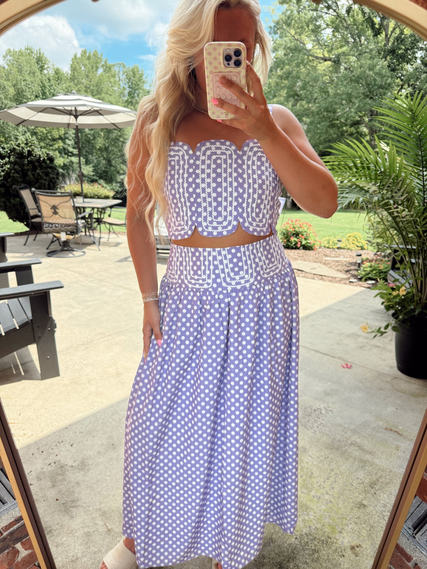 LAVENDER LANE EMBROIDERED TOP & MIDI SKIRT - LAVENDER/WHITE POLKA DOT