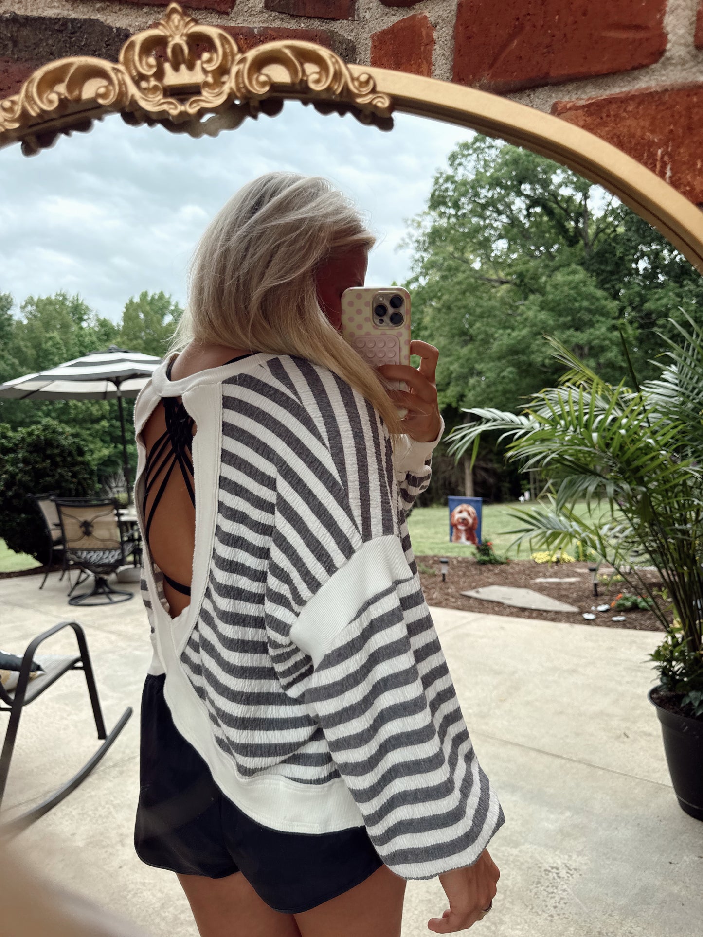 Overlap Open Back Striped Top