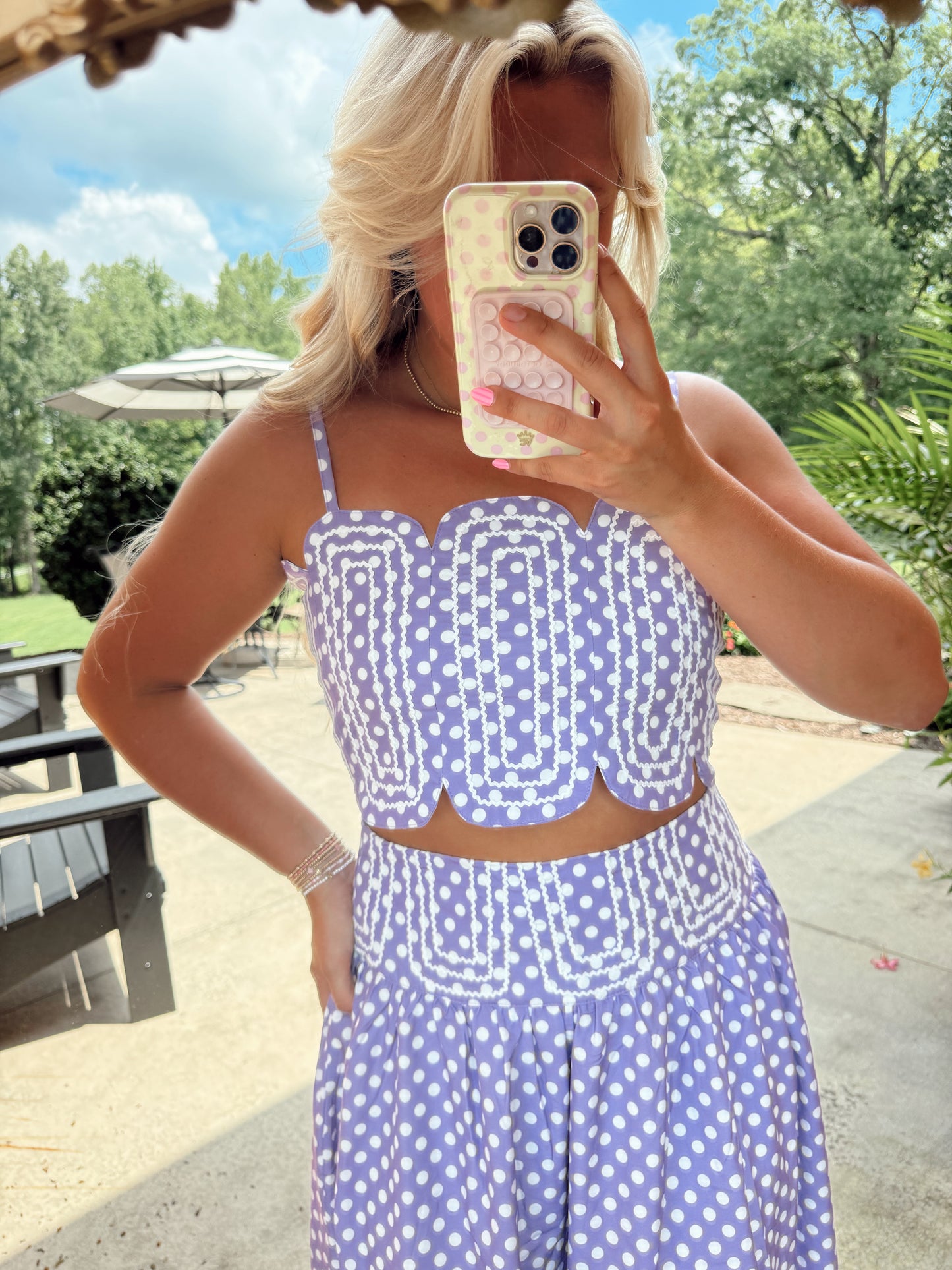 LAVENDER LANE EMBROIDERED TOP & MIDI SKIRT - LAVENDER/WHITE POLKA DOT