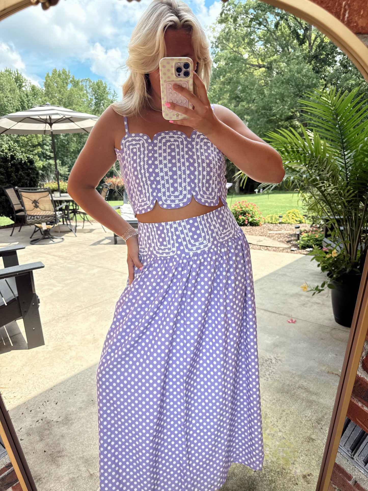 LAVENDER LANE EMBROIDERED TOP & MIDI SKIRT - LAVENDER/WHITE POLKA DOT