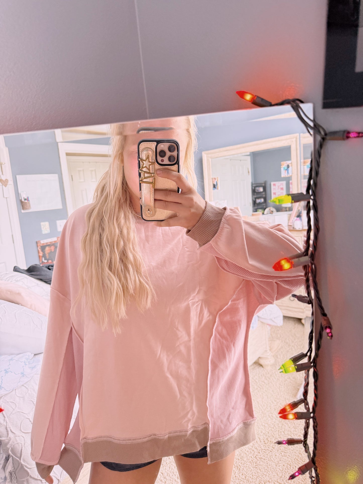 Pink/Brown Waffle Knit Crew