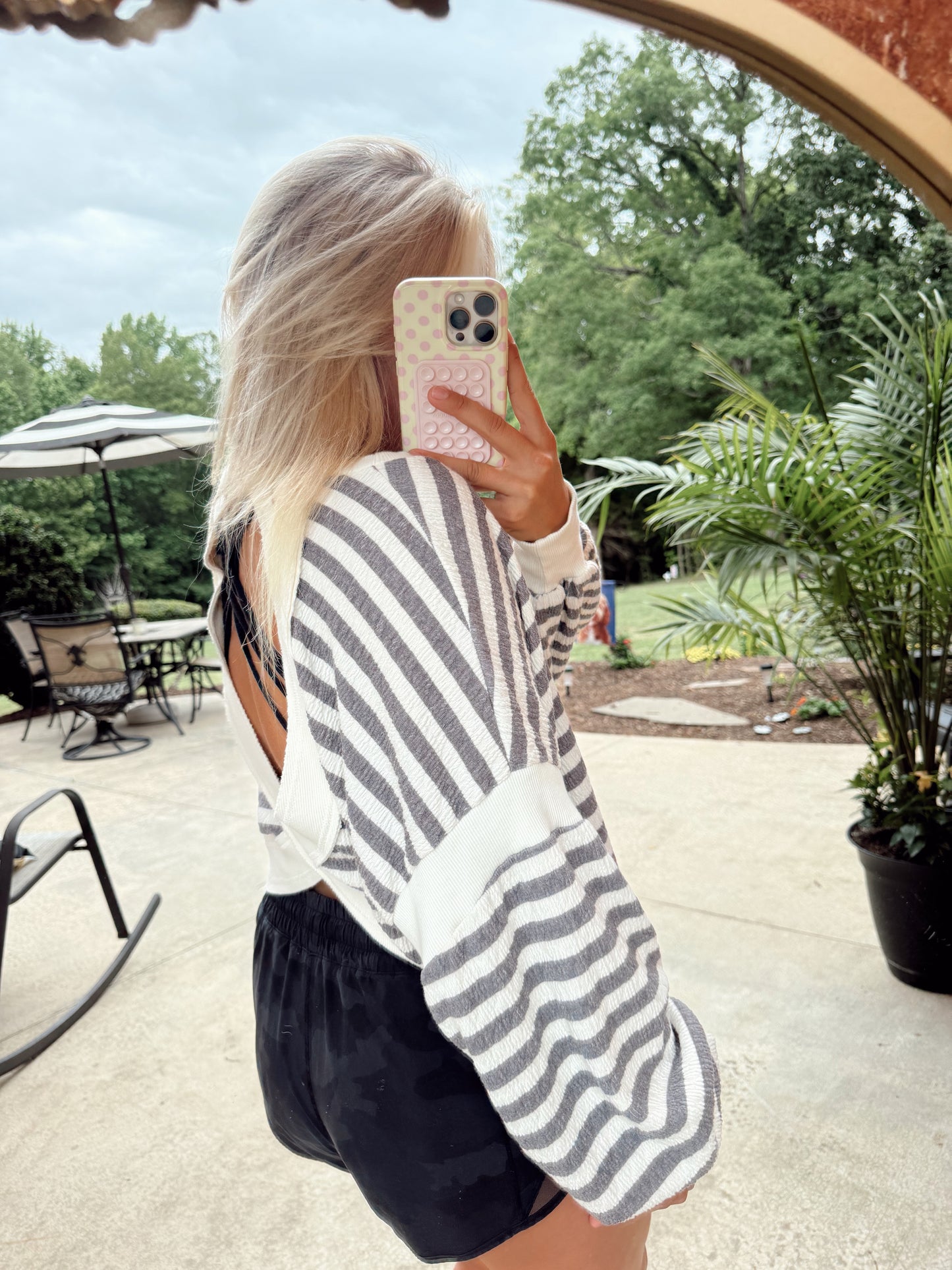 Overlap Open Back Striped Top