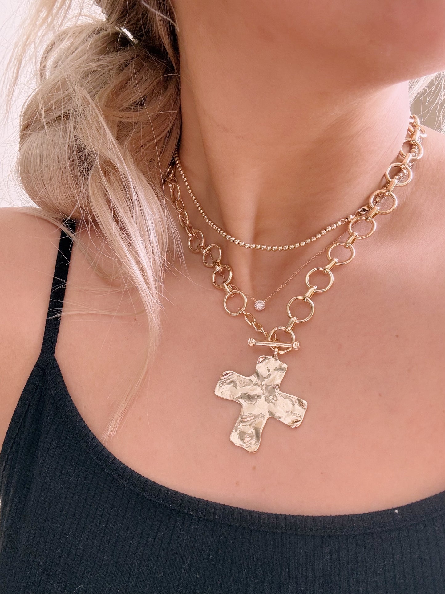 Hammered Cross Toggle Necklace