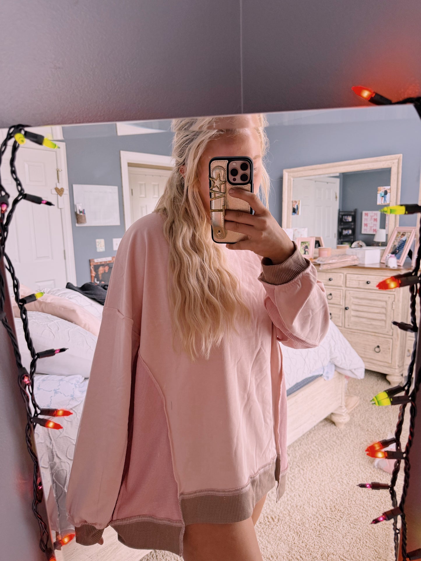 Pink/Brown Waffle Knit Crew
