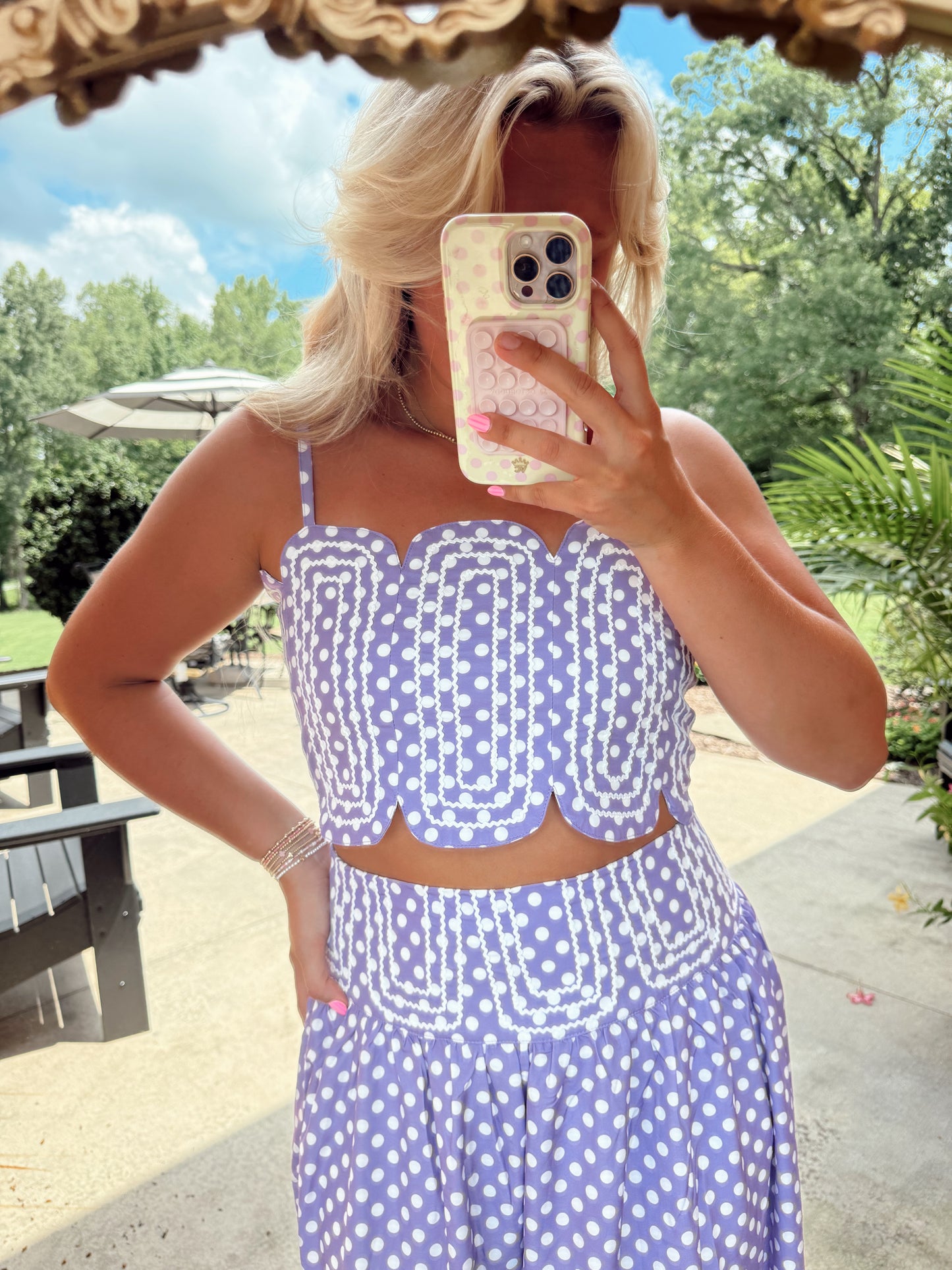 LAVENDER LANE EMBROIDERED TOP & MIDI SKIRT - LAVENDER/WHITE POLKA DOT