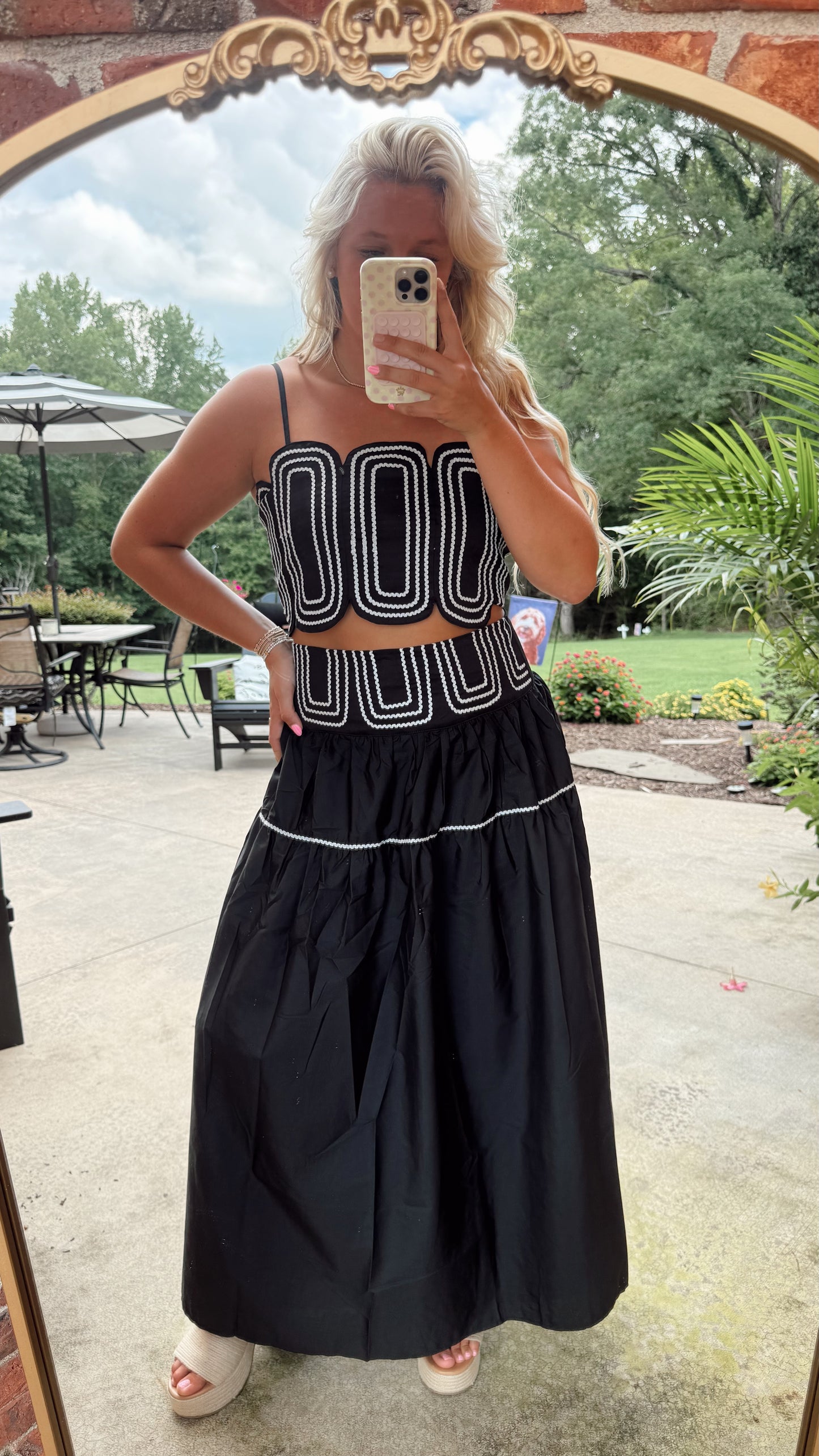 MIDNIGHT MANOR EMBROIDERED TOP & MIDI SKIRT SET - BLACK/SILVER