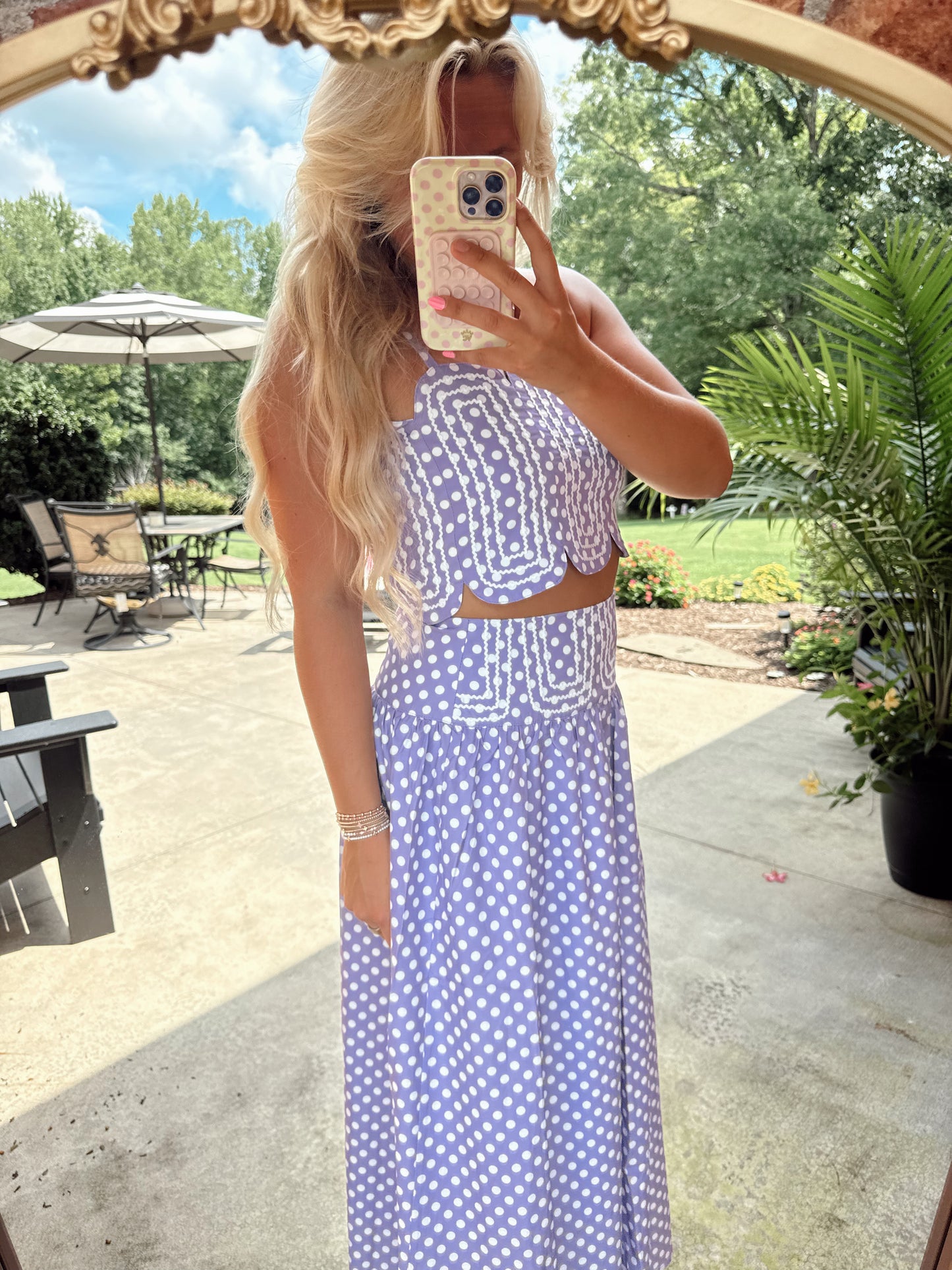 LAVENDER LANE EMBROIDERED TOP & MIDI SKIRT - LAVENDER/WHITE POLKA DOT