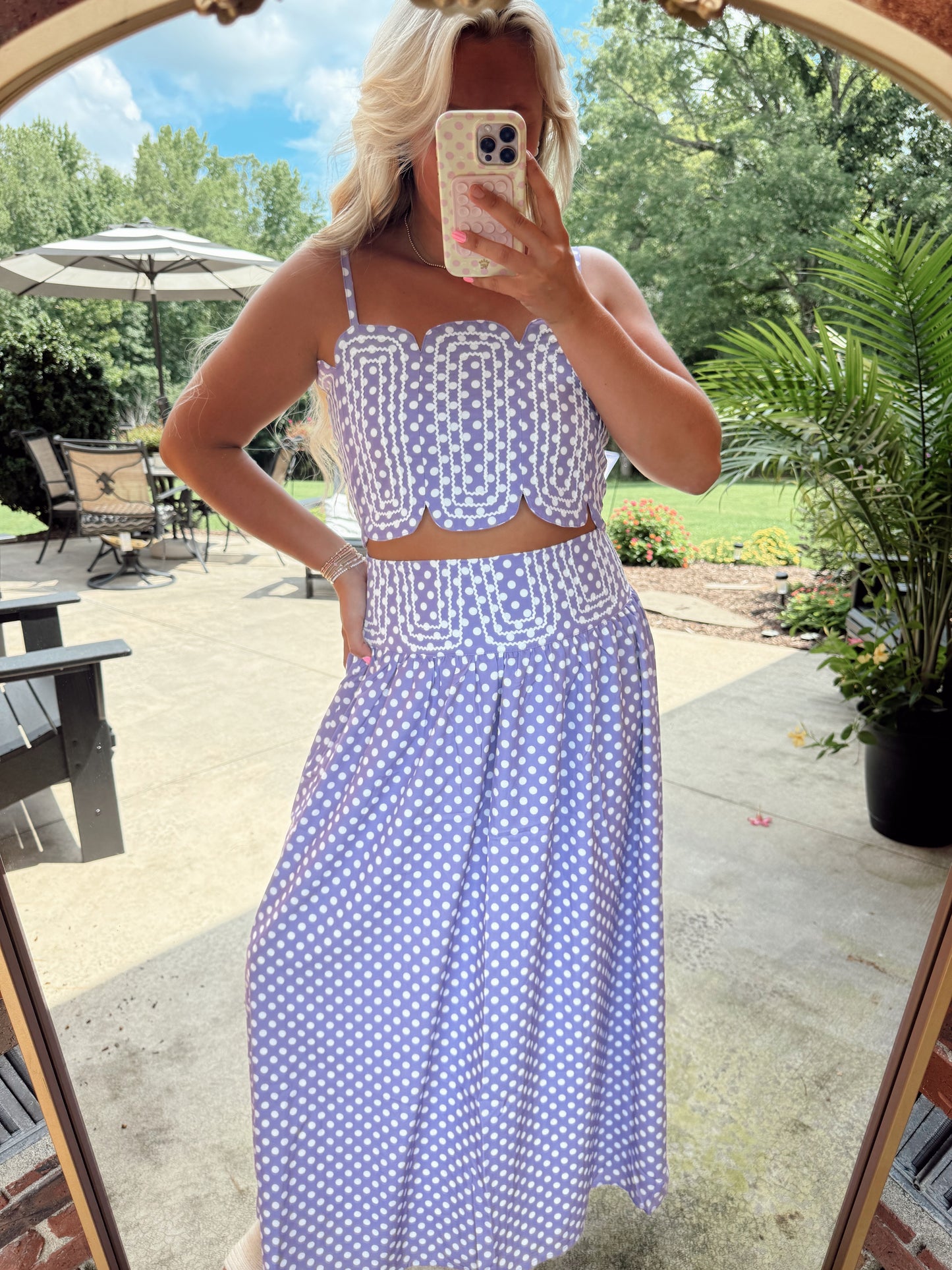 LAVENDER LANE EMBROIDERED TOP & MIDI SKIRT - LAVENDER/WHITE POLKA DOT