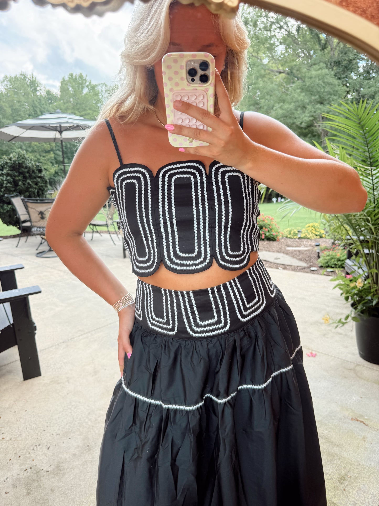 MIDNIGHT MANOR EMBROIDERED TOP & MIDI SKIRT SET - BLACK/SILVER