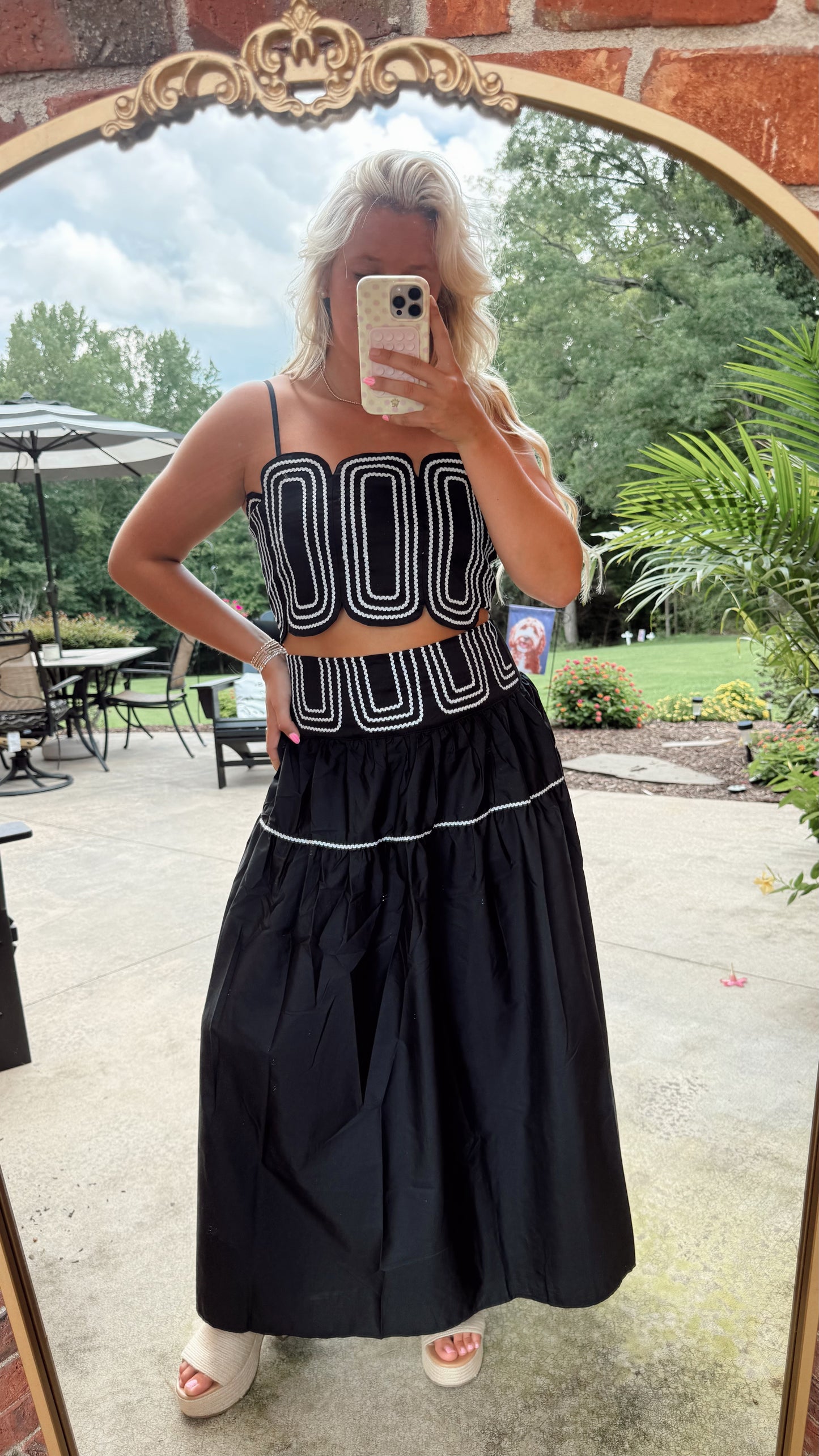 MIDNIGHT MANOR EMBROIDERED TOP & MIDI SKIRT SET - BLACK/SILVER