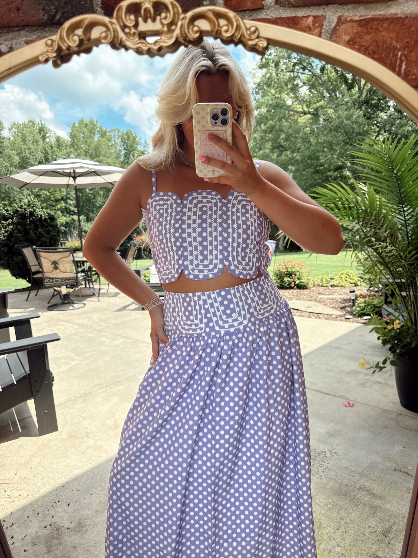 LAVENDER LANE EMBROIDERED TOP & MIDI SKIRT - LAVENDER/WHITE POLKA DOT