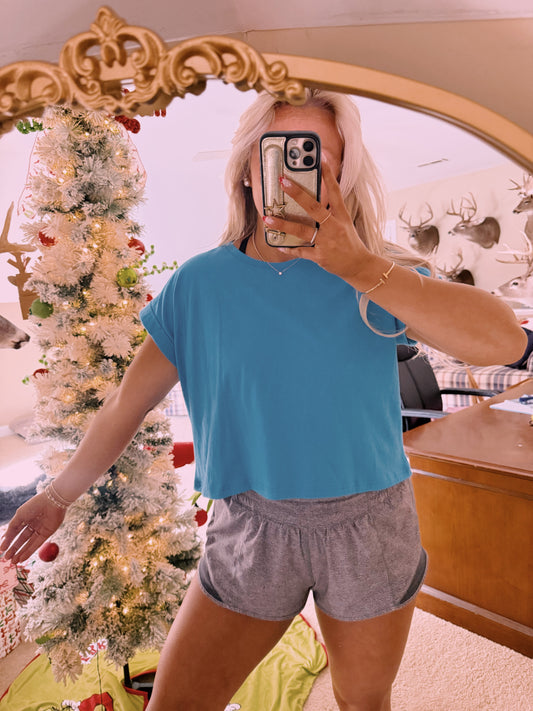 Cuff Cropped Tee - Turquoise